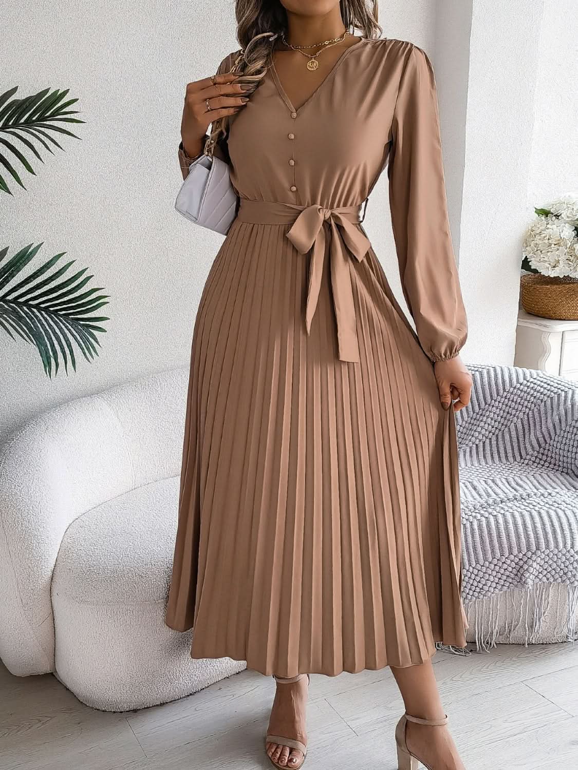 Trendsi V-Neck Dress Women's Elegant Long Sleeve Sheer Tie Dress Fashion
