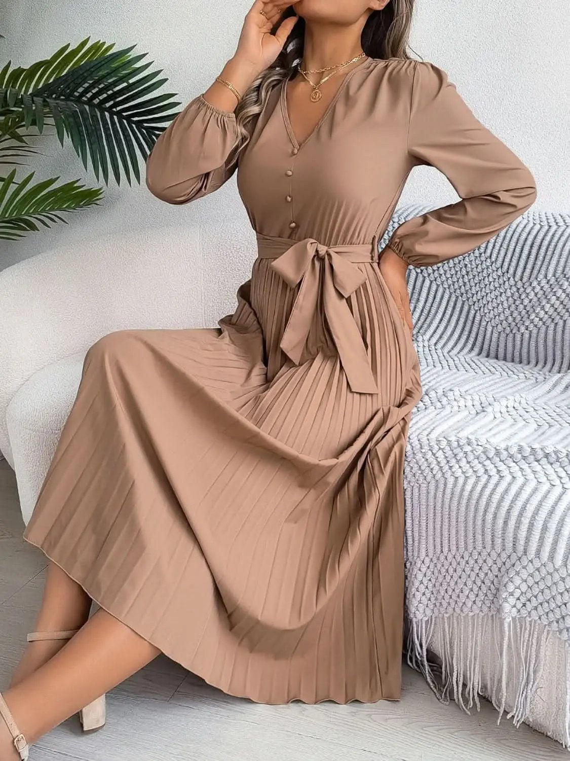 Trendsi V-Neck Dress Women's Elegant Long Sleeve Sheer Tie Dress Fashion