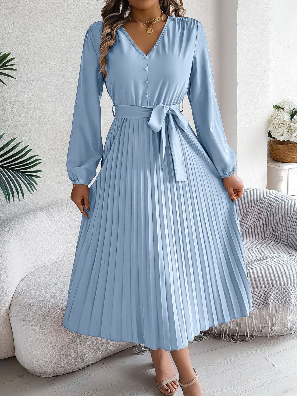Trendsi V-Neck Dress Women's Elegant Long Sleeve Sheer Tie Dress Fashion