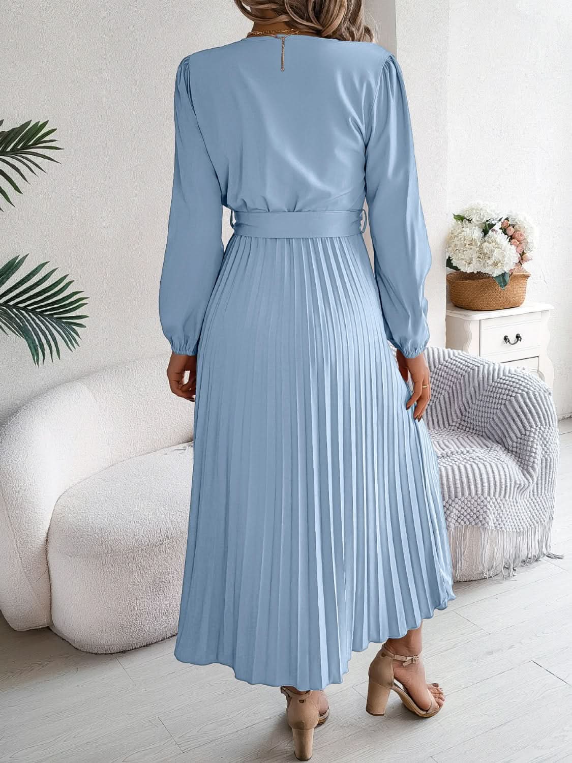 Trendsi V-Neck Dress Women's Elegant Long Sleeve Sheer Tie Dress Fashion