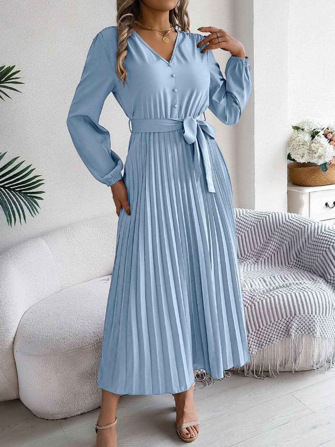 Trendsi V-Neck Dress Women's Elegant Long Sleeve Sheer Tie Dress Fashion