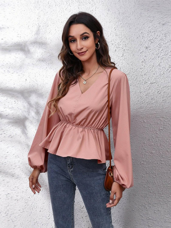 V-neck Peplum Top - Elegant with Sleeves