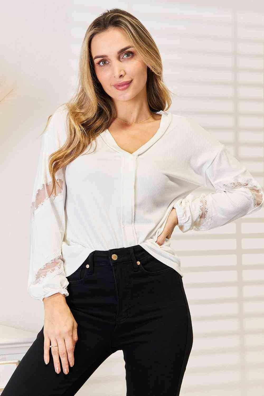 Blouse - Lace V-Neck - Elegant Women's Top