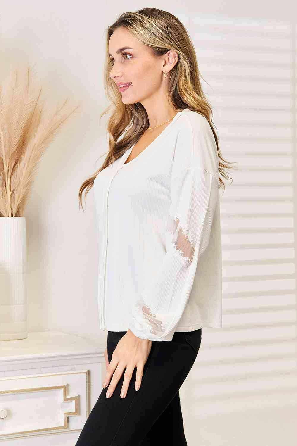 Blouse - Lace V-Neck - Elegant Women's Top