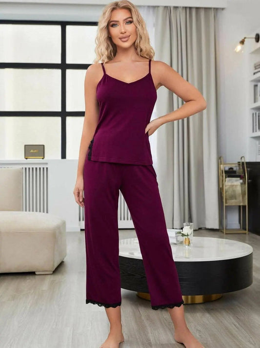 Pajama Set - Elegant Lace V-Neck - Lounge Style