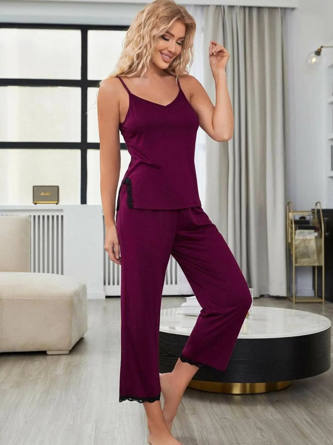 Pajama Set - Elegant Lace V-Neck - Lounge Style