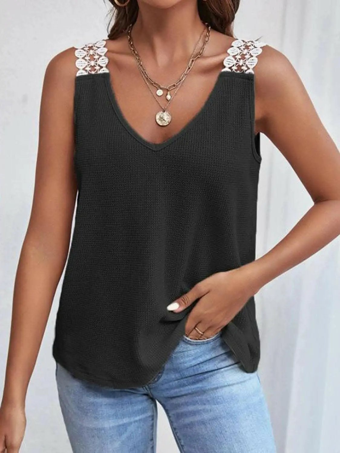 Trendsi just arrived - Elegant sheer lace v-neck tank