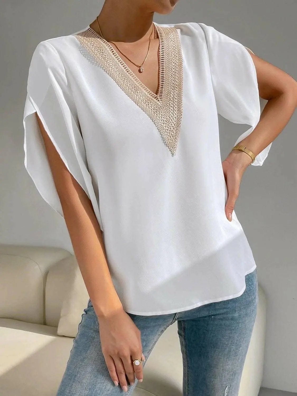 Blouse - Elegant V-Neck Short Sleeve - Versatile Top