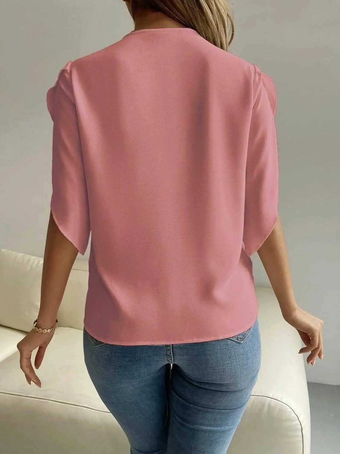 Blouse - Elegant V-Neck Short Sleeve - Versatile Top