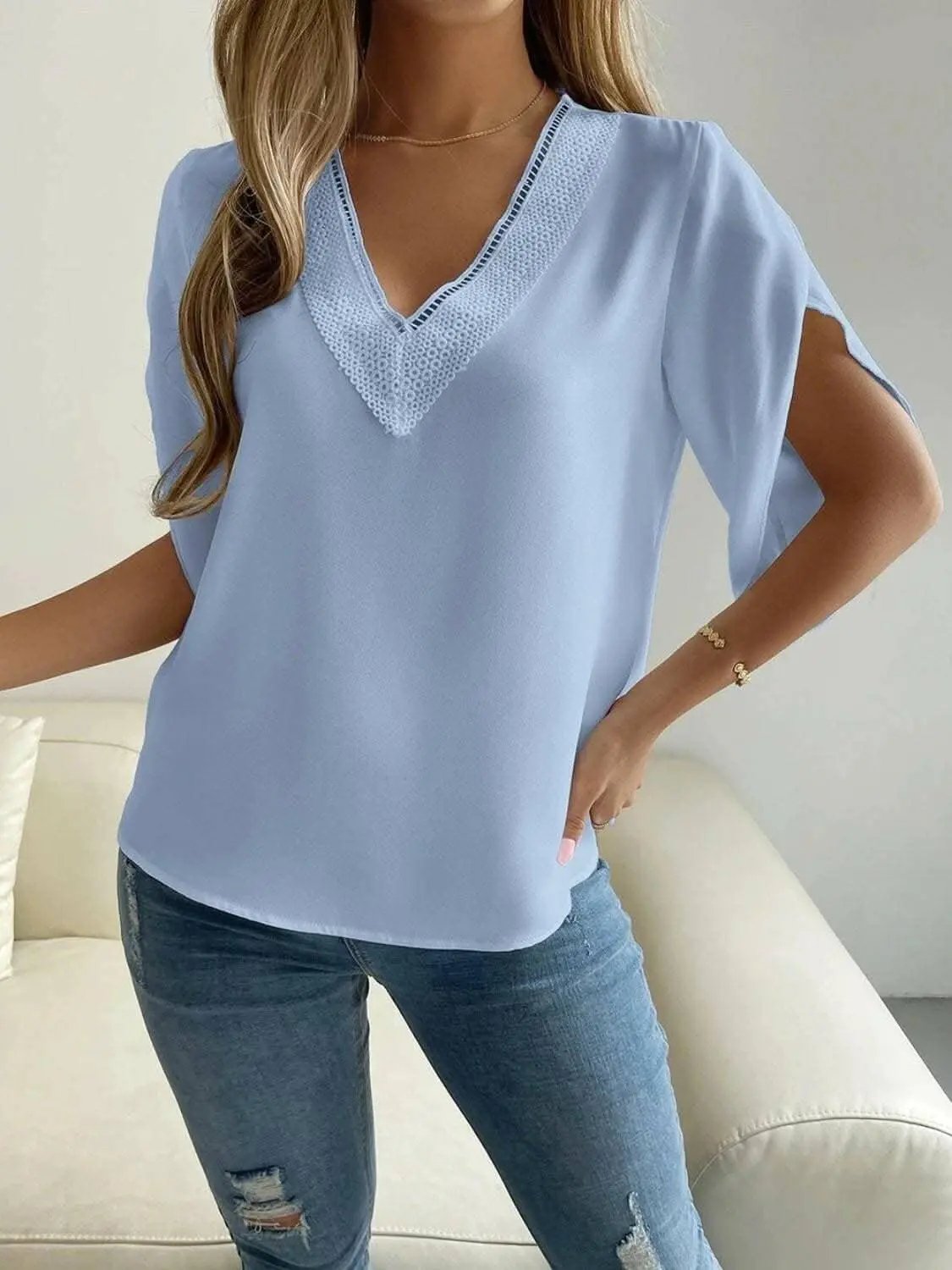 Blouse - Elegant V-Neck Short Sleeve - Versatile Top