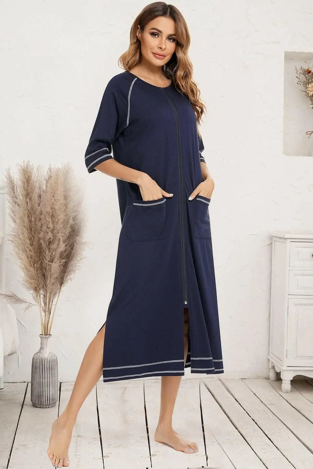 Elegant Zip Night Dress - With Pockets - Comfortable Style