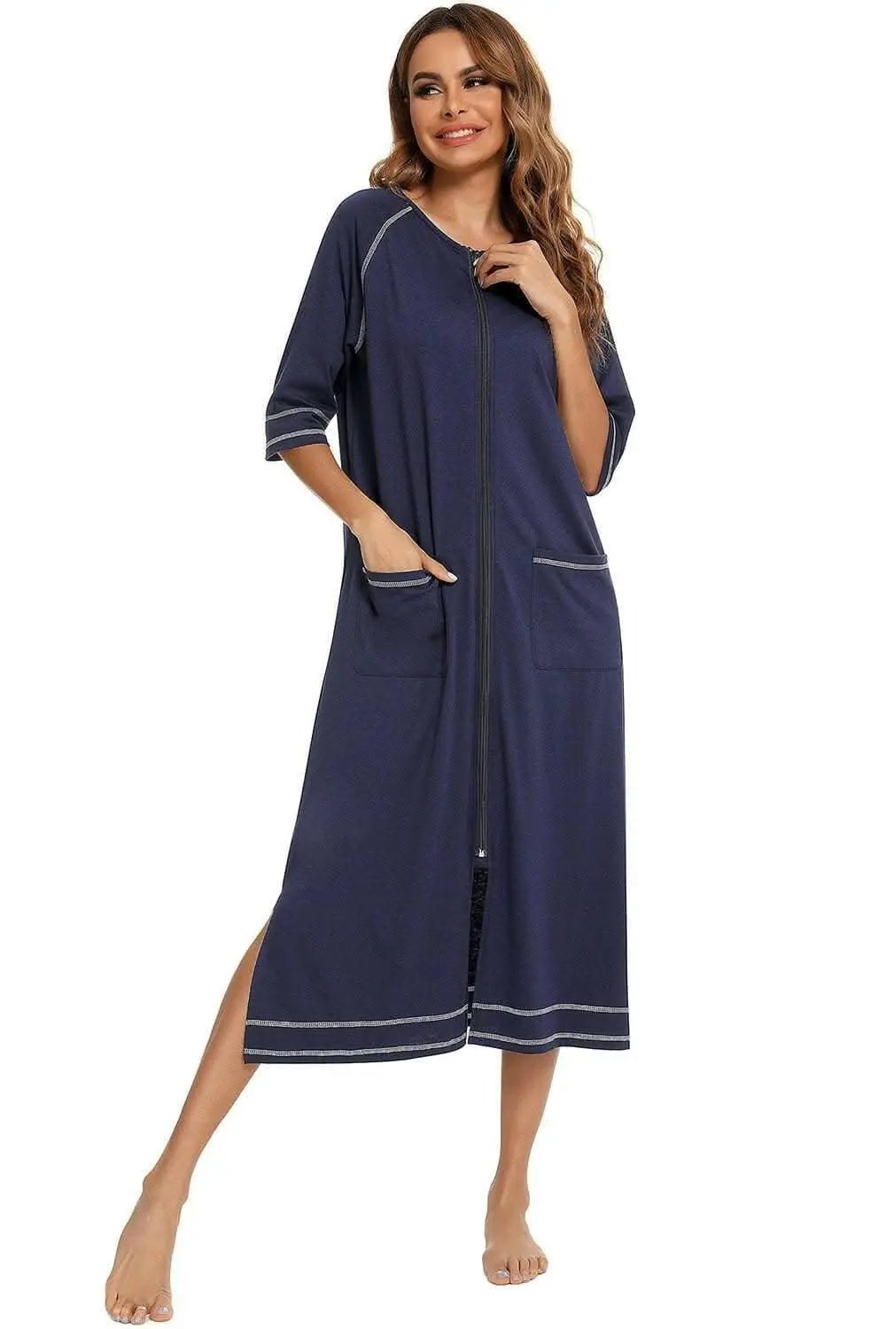 Elegant Zip Night Dress - With Pockets - Comfortable Style