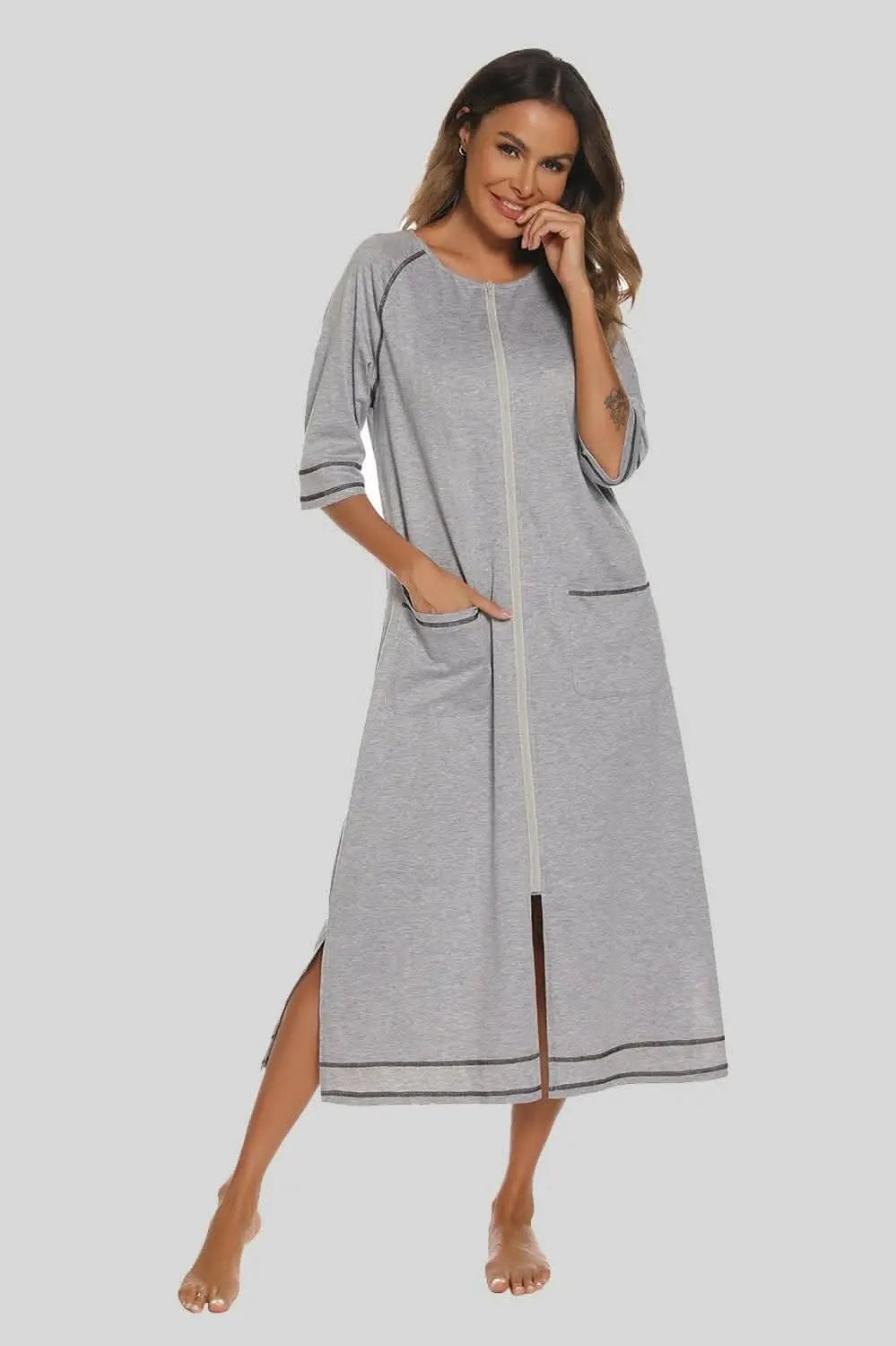 Elegant Zip Night Dress - With Pockets - Comfortable Style