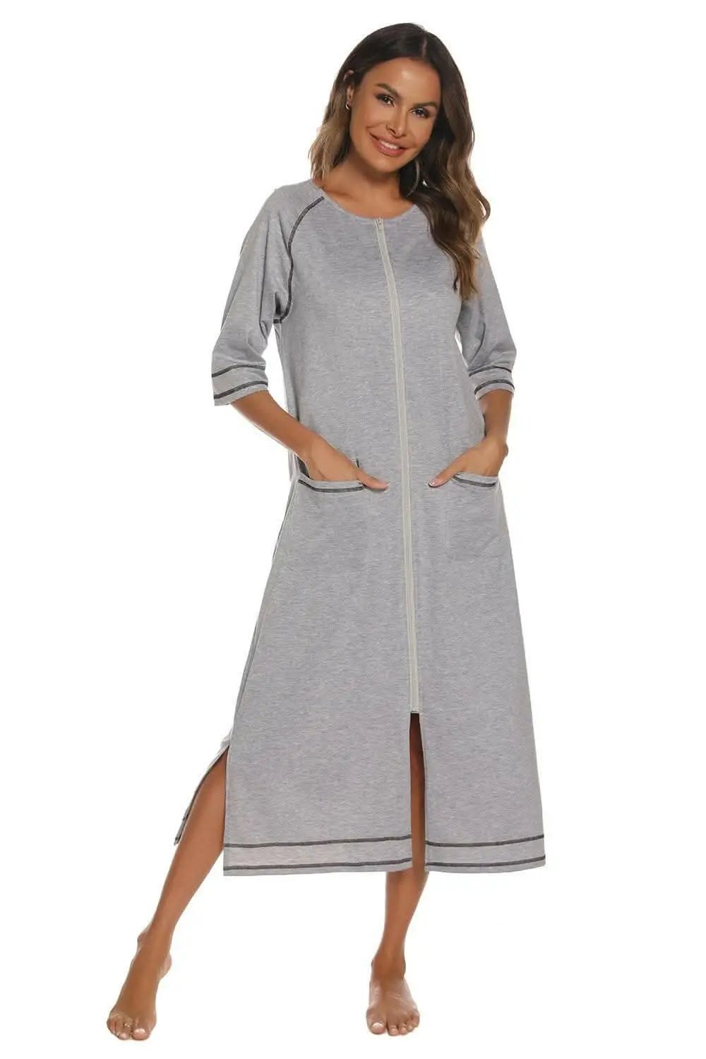 Elegant Zip Night Dress - With Pockets - Comfortable Style
