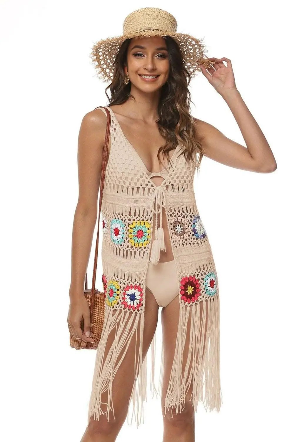 Trendsi swimwear - Embroidered beach cover-up with fringe