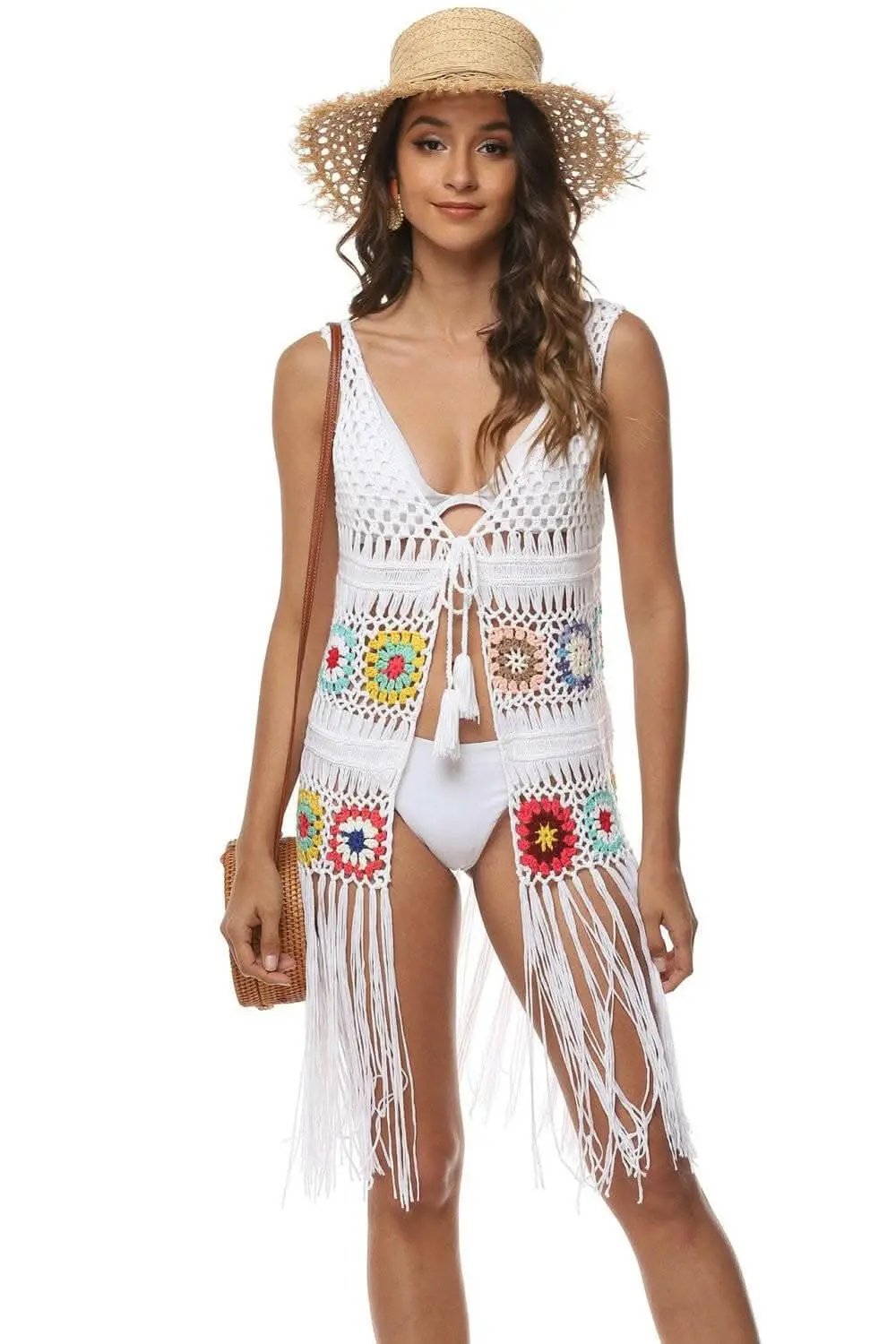 Trendsi swimwear - Embroidered beach cover-up with fringe