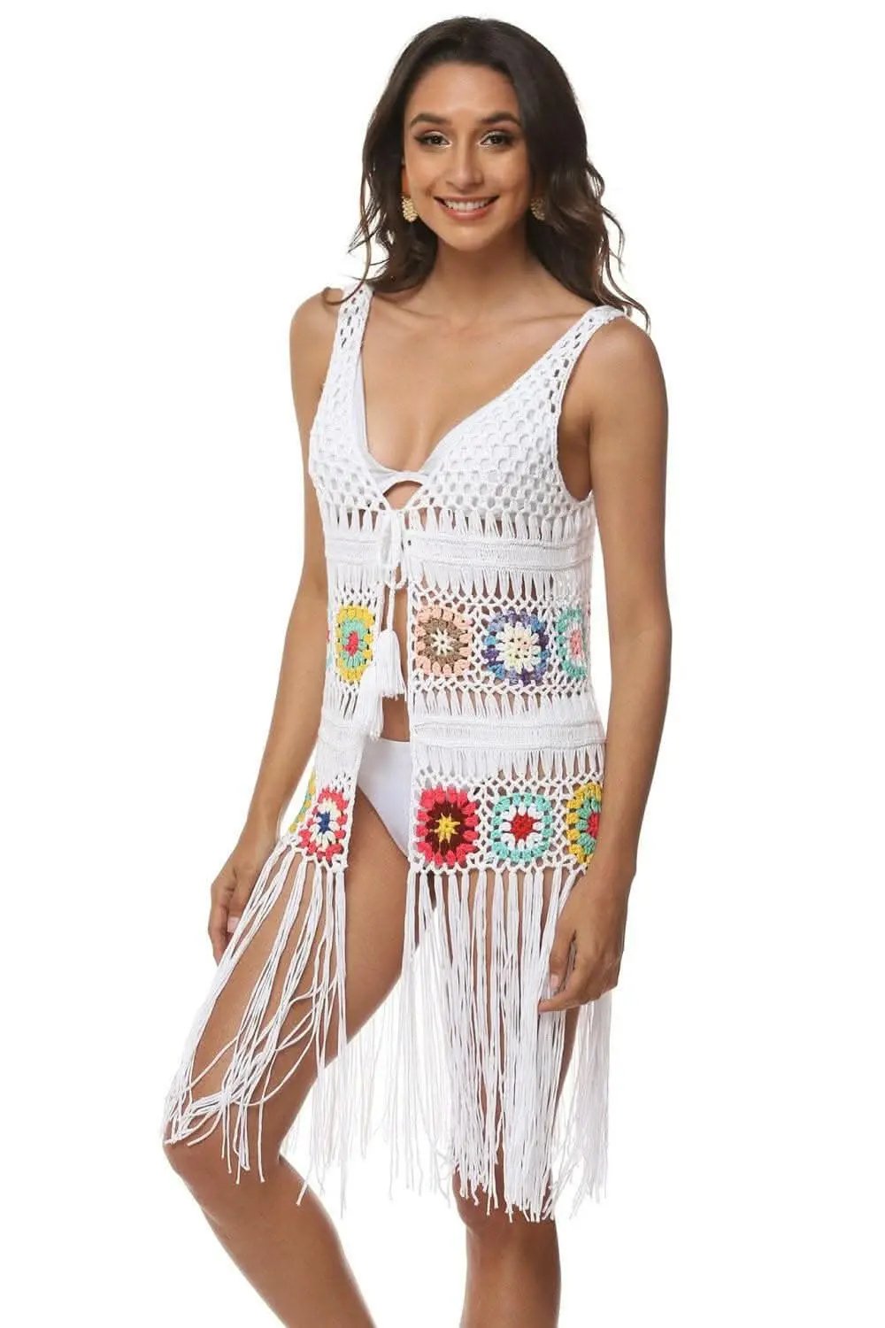 Trendsi swimwear - Embroidered beach cover-up with fringe