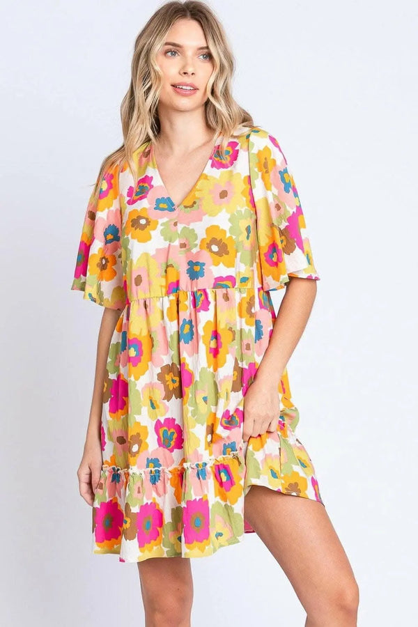 Trendsi Floral V-Neck Dress Women's Party Dress Ruffle Hem, Enchanting Color