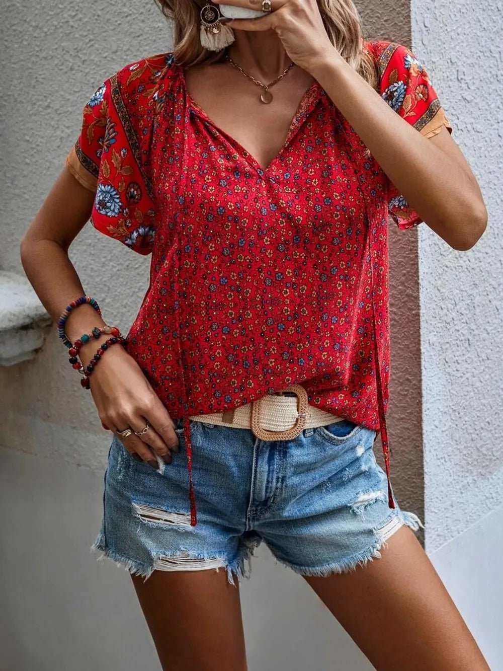 Printed Tie Neck Short Sleeve Blouse – Feminine Everyday Style