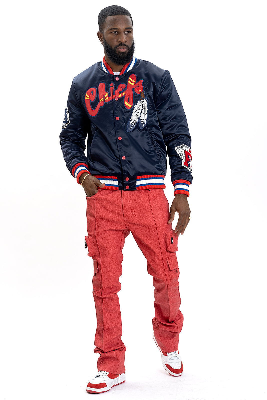 F1057 Chiefs Satin Varsity Jacket - Navy