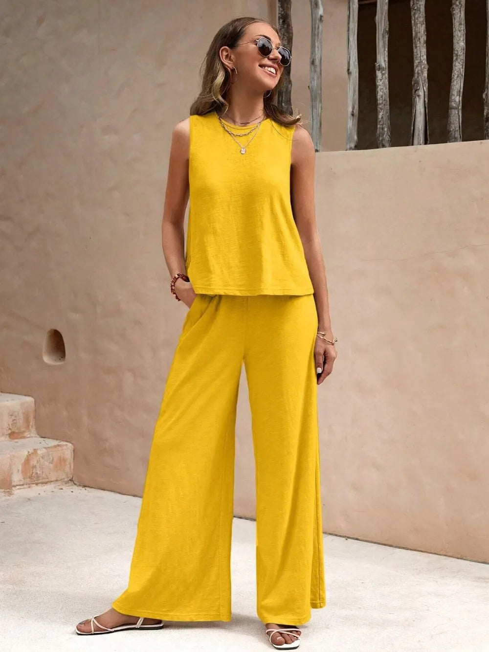 Round Neck Sleeveless Top & Wide Leg Pants Set – Two-Piece