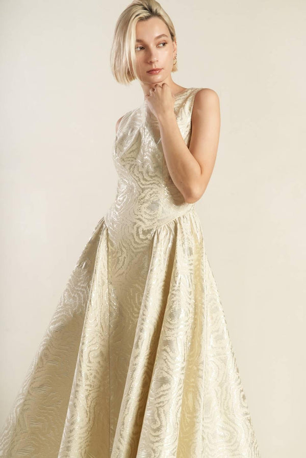 CHECK YOURSELF CHAMPAGNE WOVEN MIDI DRESS