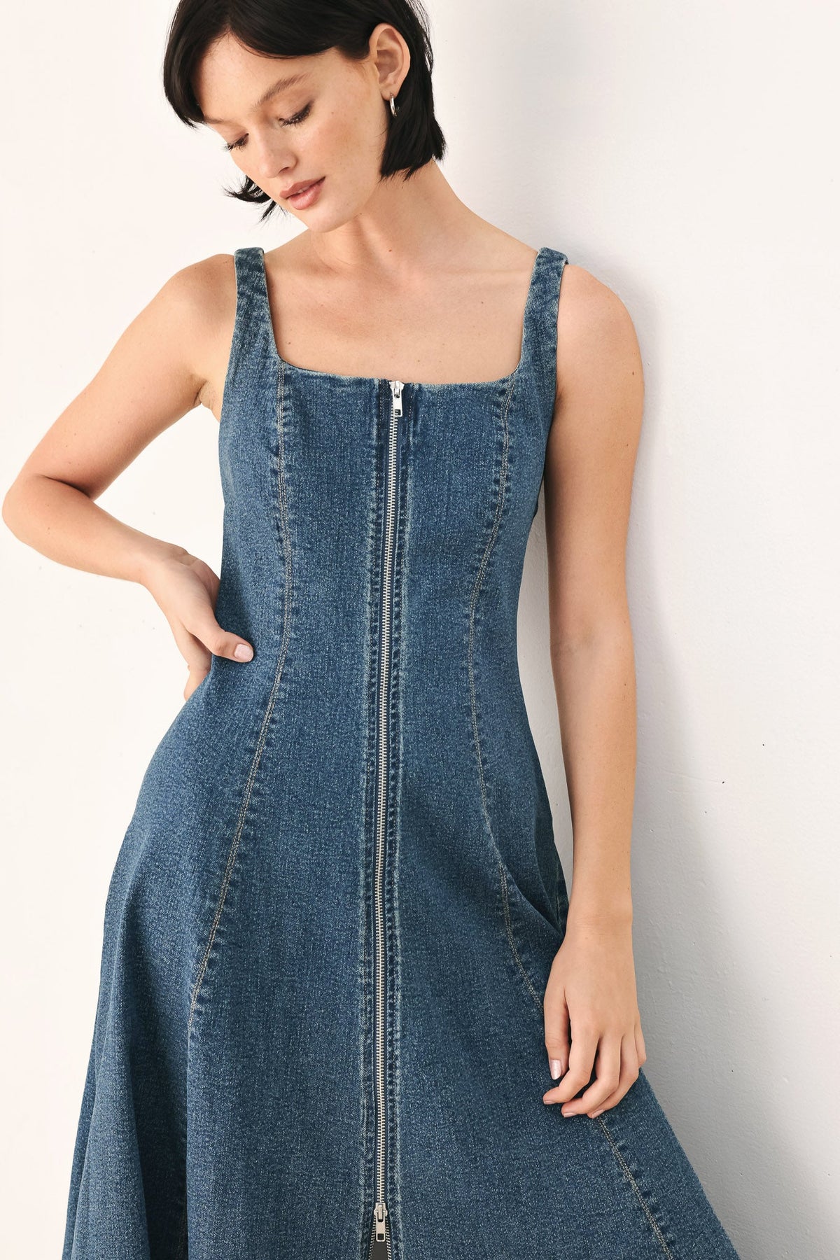 BLUE HORIZON ZIP FRONT DENIM MIDI DRESS