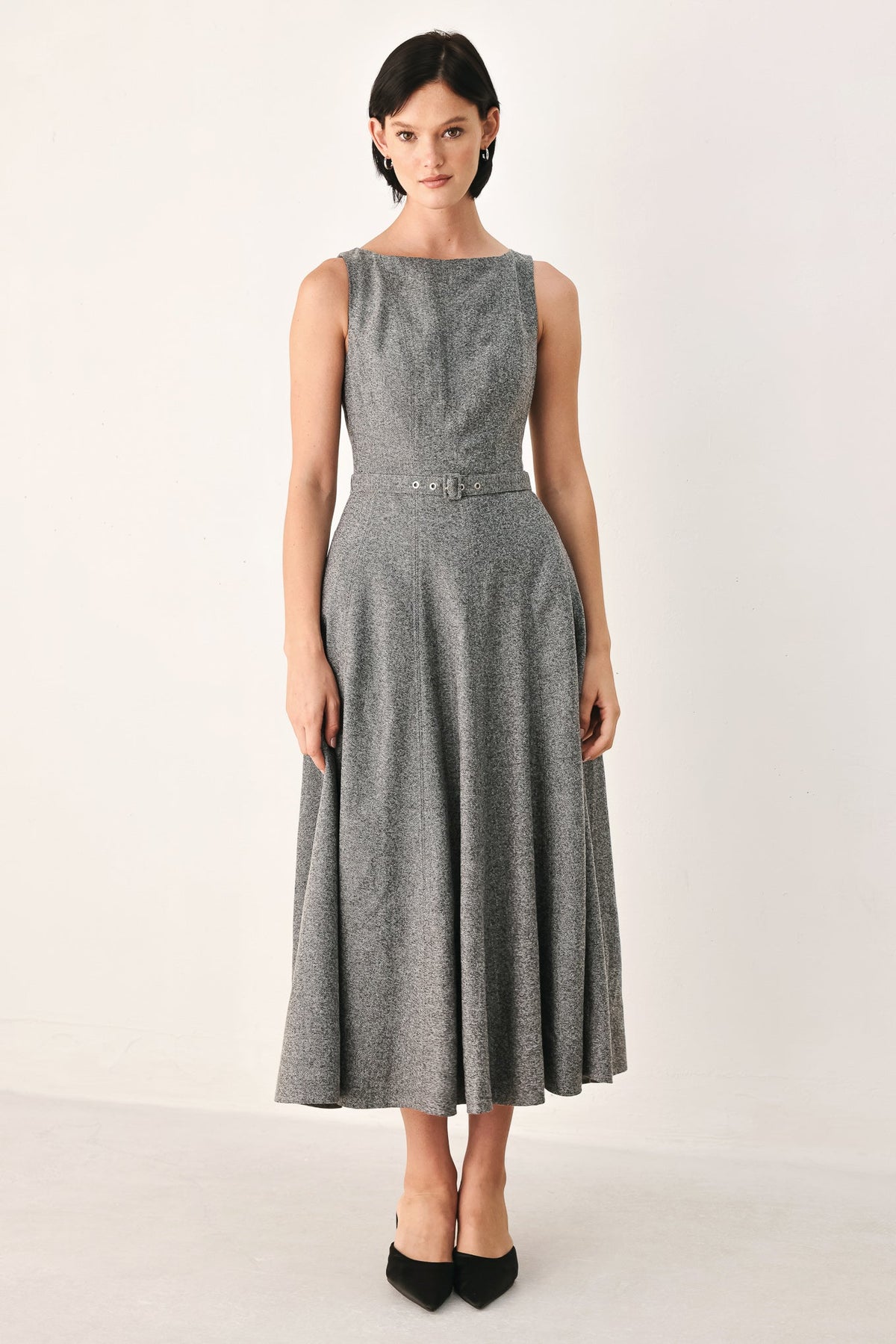 SILVER LINING BELTED A-LINE MIDI DRESS