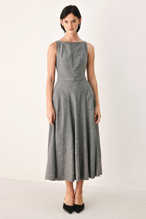 SILVER LINING BELTED A-LINE MIDI DRESS
