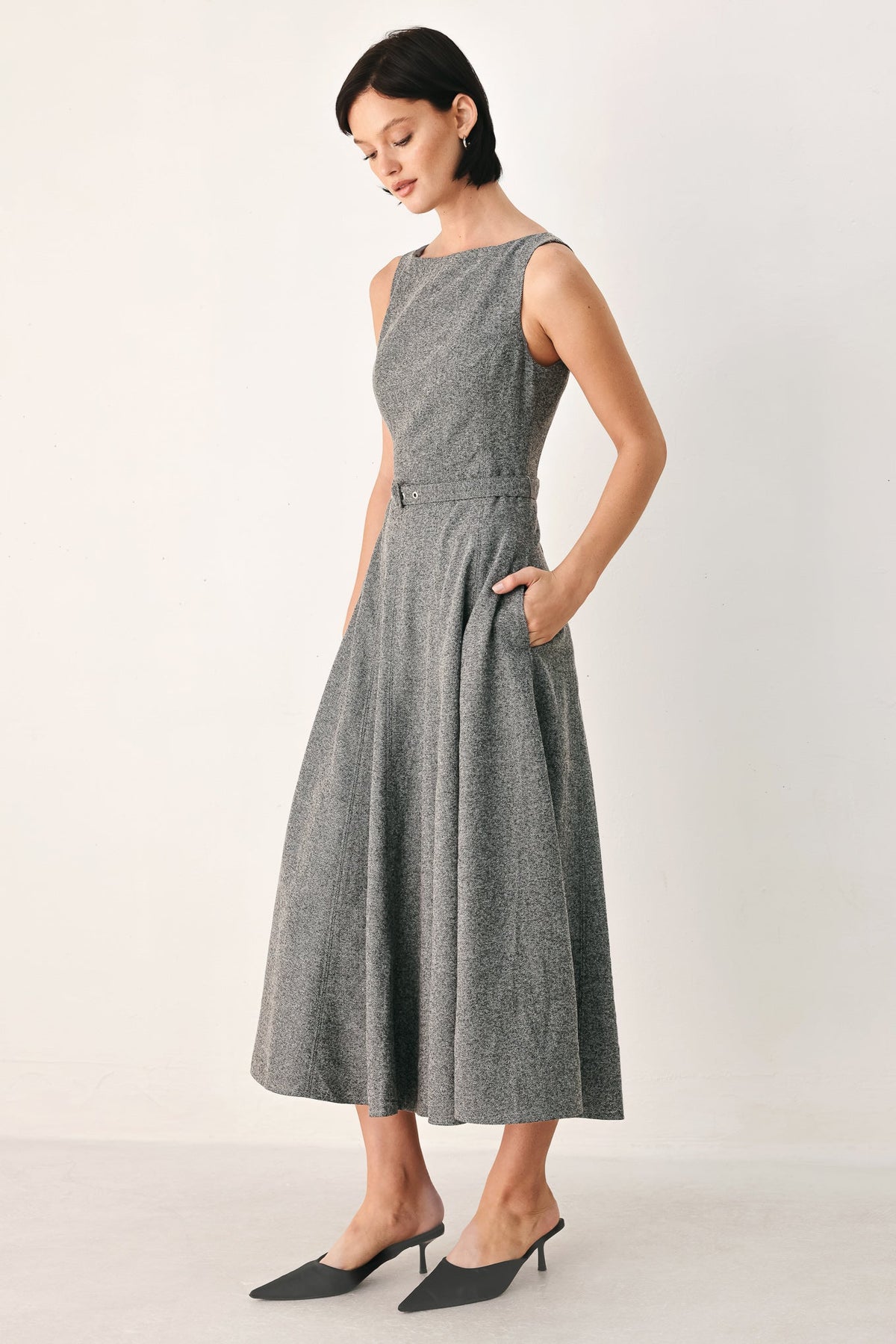 SILVER LINING BELTED A-LINE MIDI DRESS