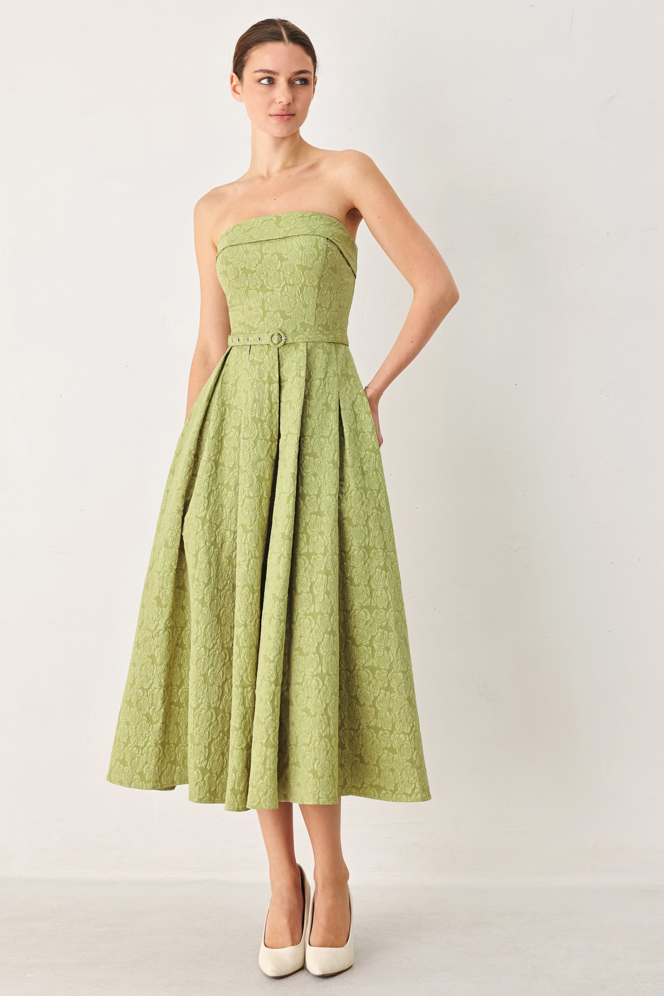 ROSETTE BANDEAU WOVEN MIDI DRESS