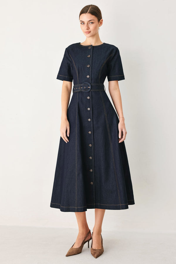 ROMANTIC DENIM WOVEN MIDI DRESS