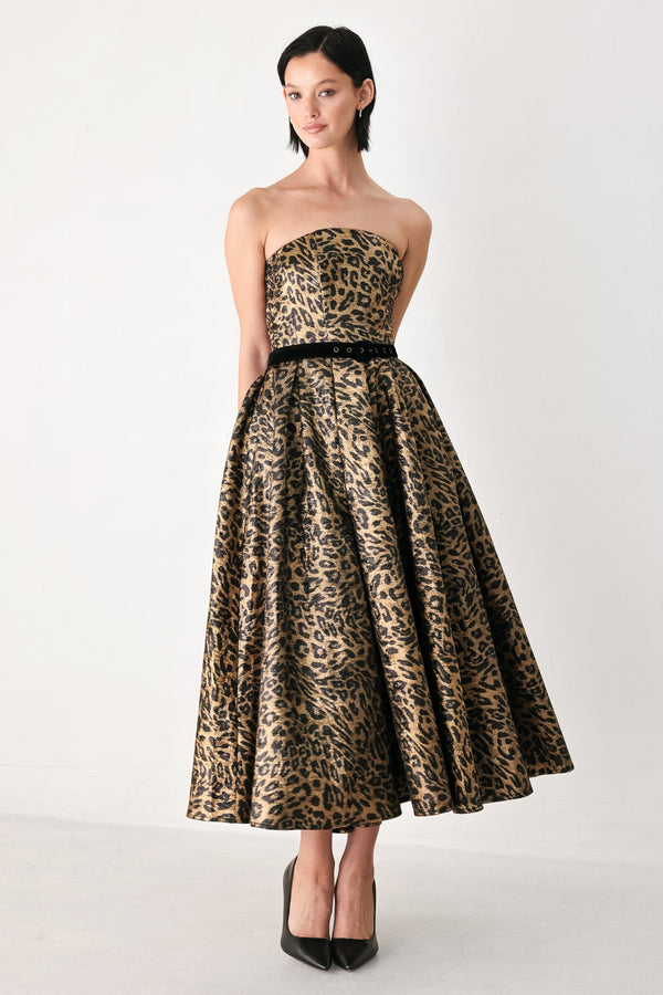 WILDLY GOLDEN LEOPARD STRAPLESS MIDI DRESS