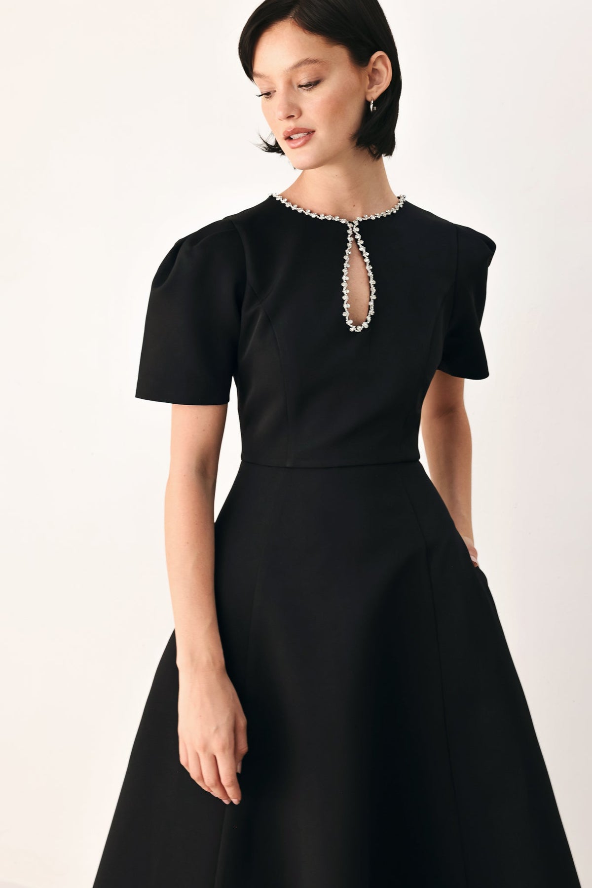 AFTER DARK ELEGANCE JEWELED MIDI DRESS