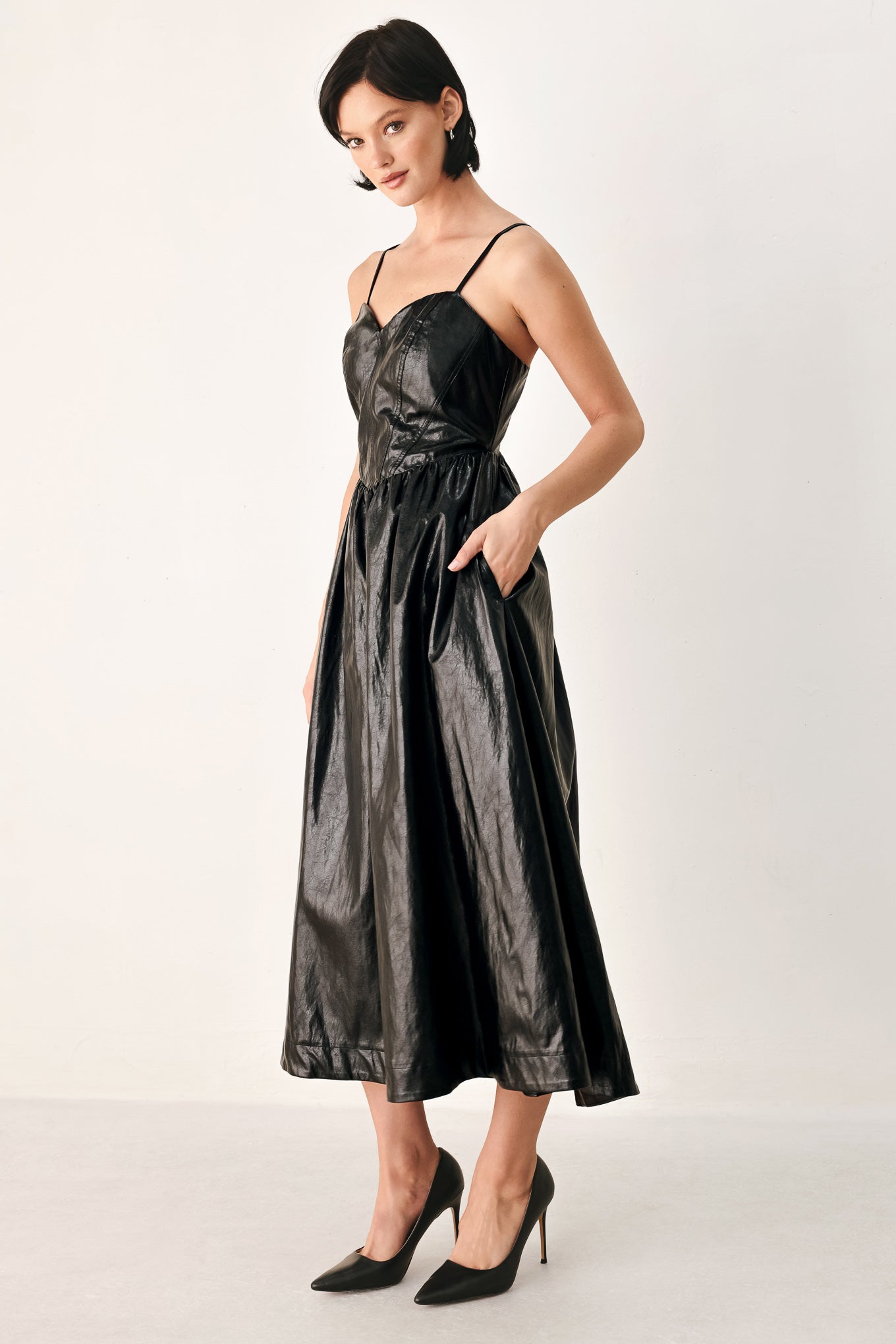 DRESSED TO THRILL FAUX LEATHER MIDI DRESS