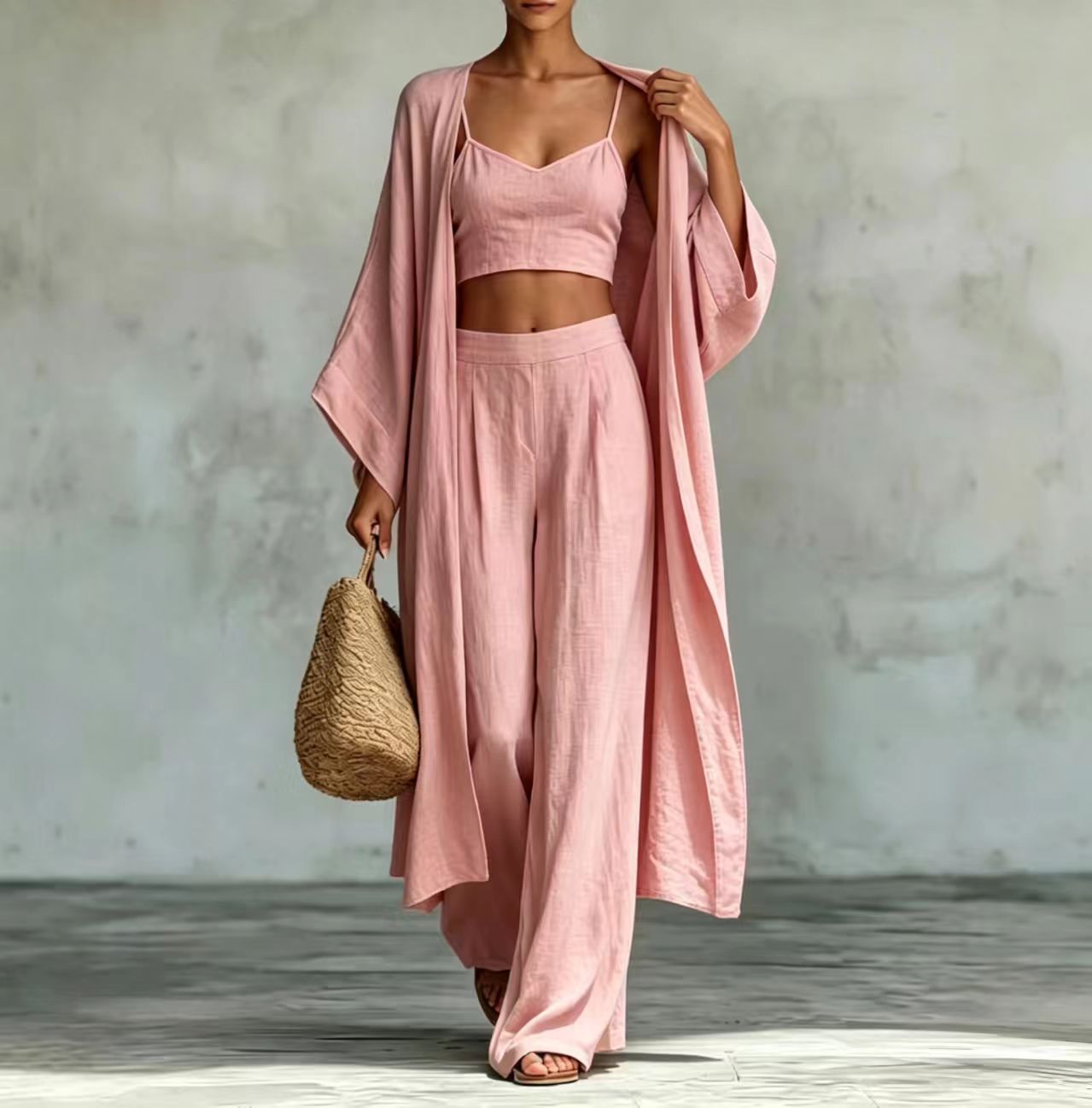 Loose Cardigan & Strap Top High Waist Wide Leg Pants Set – 3-Piece
