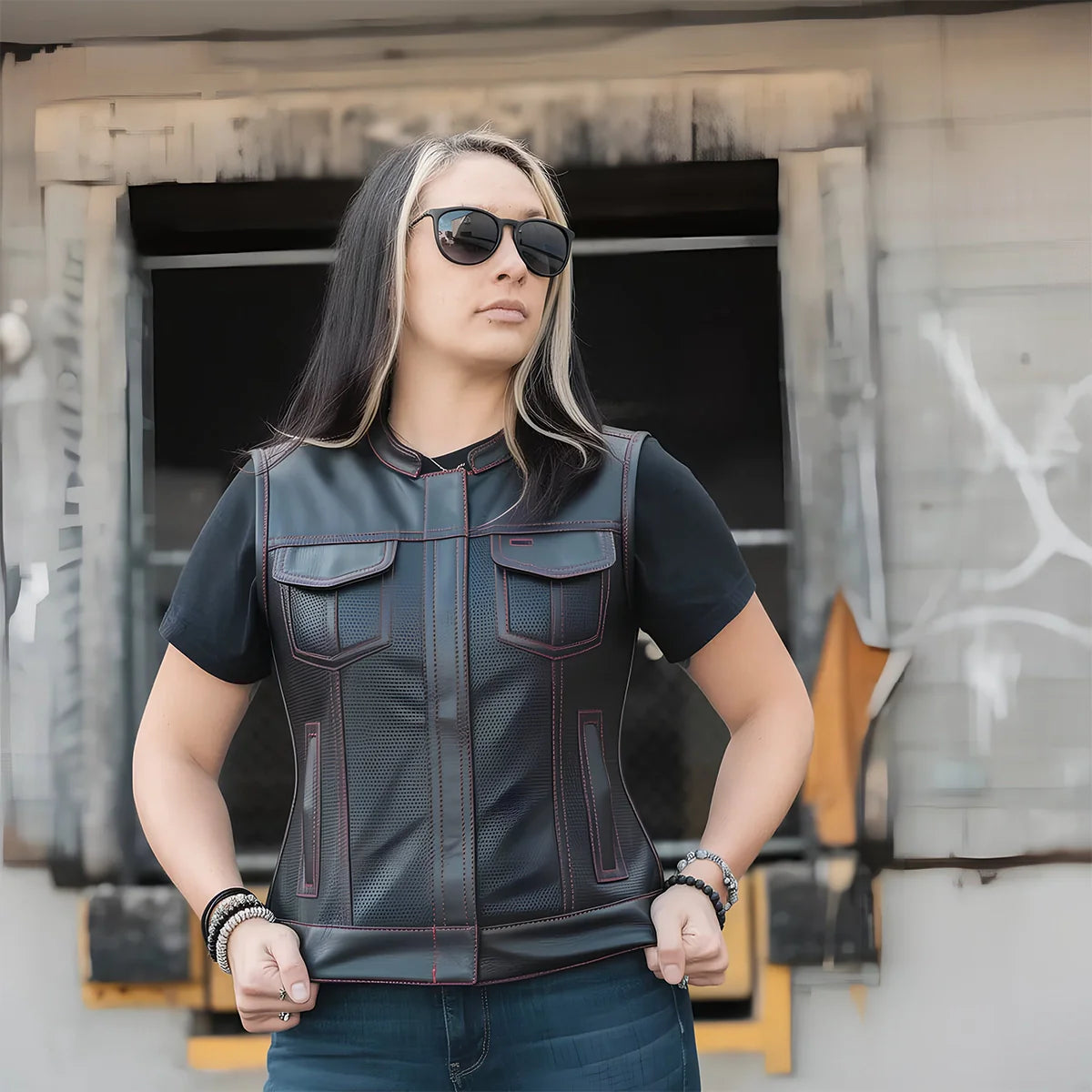 Jessica Perforated Women's Motorcycle Leather Vest Red and Grey