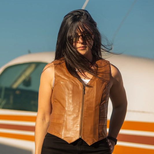 Savannah Women's Western Style Motorcycle Leather Vest Whiskey