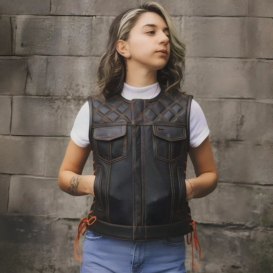 Bonnie Perforated Women's Motorcycle Leather Vest Orange and Grey