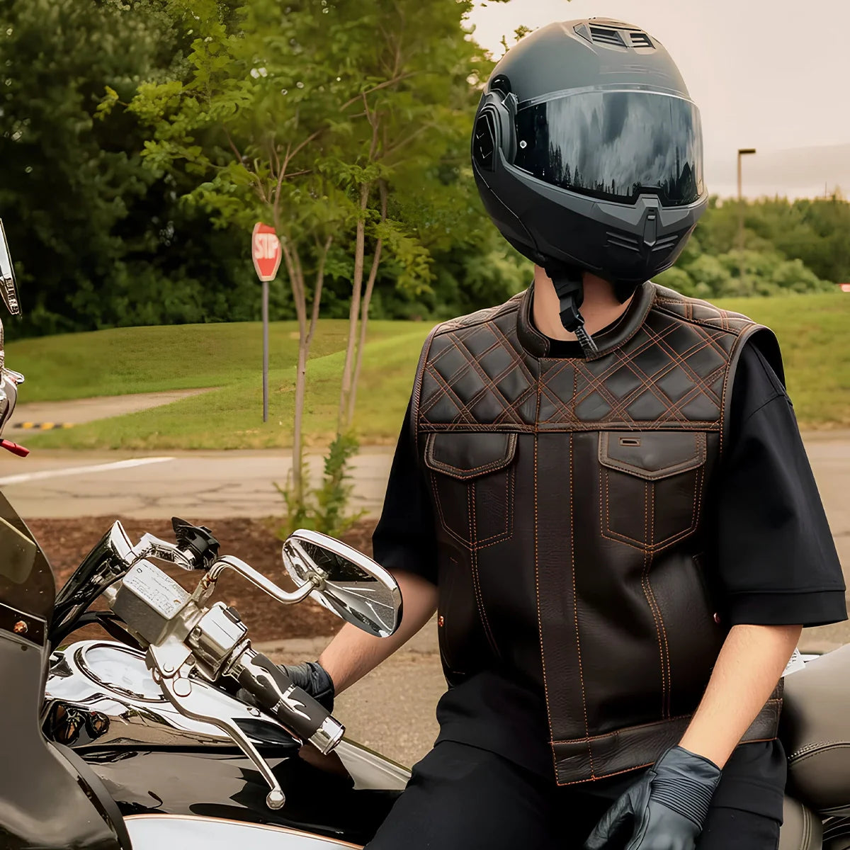 Upside Men's Club Style Leather Vest Orange and Green