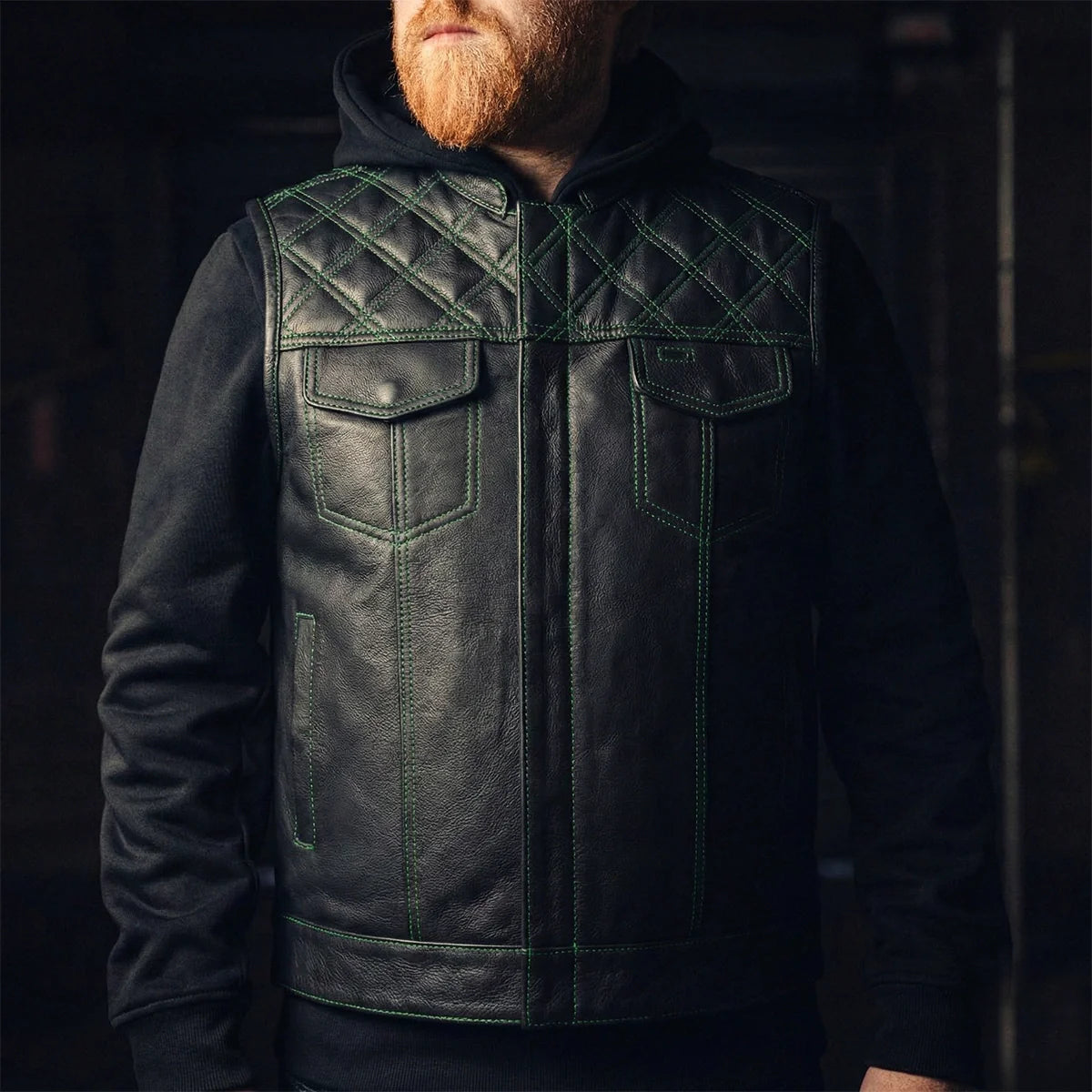 Downside Men's Motorcycle Leather Vest Orange and Green