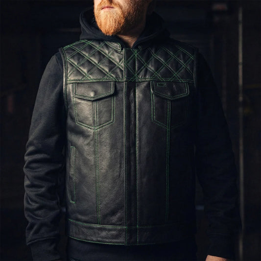 Downside Men's Motorcycle Leather Vest Orange and Green