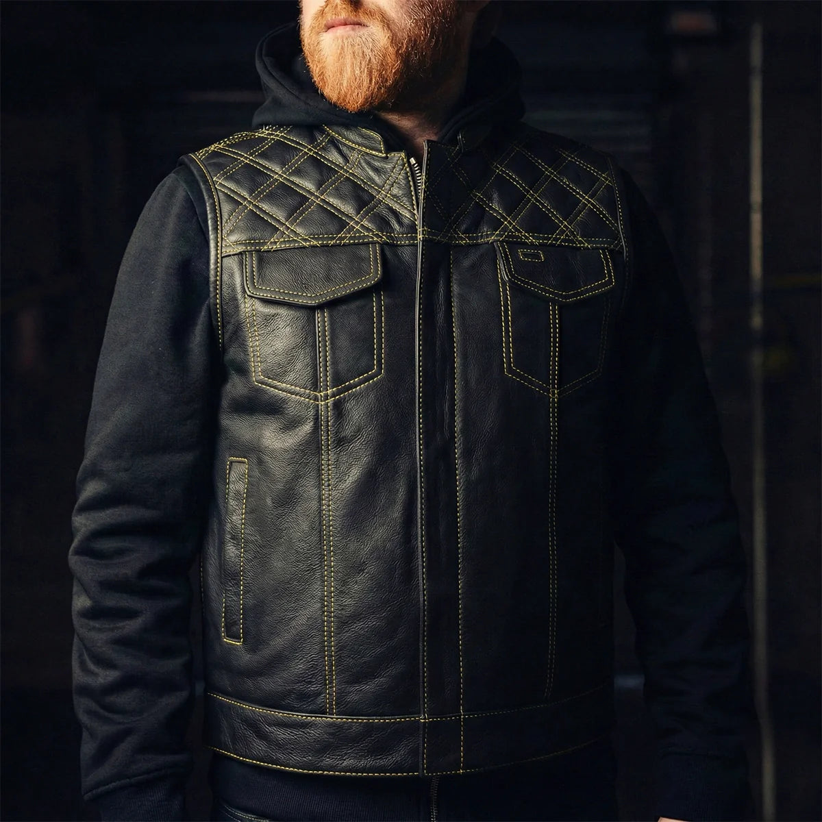 Downside Men's Motorcycle Leather Vest Orange and Green