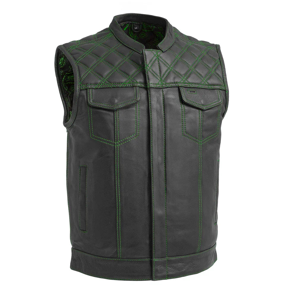 Downside Men's Motorcycle Leather Vest Orange and Green