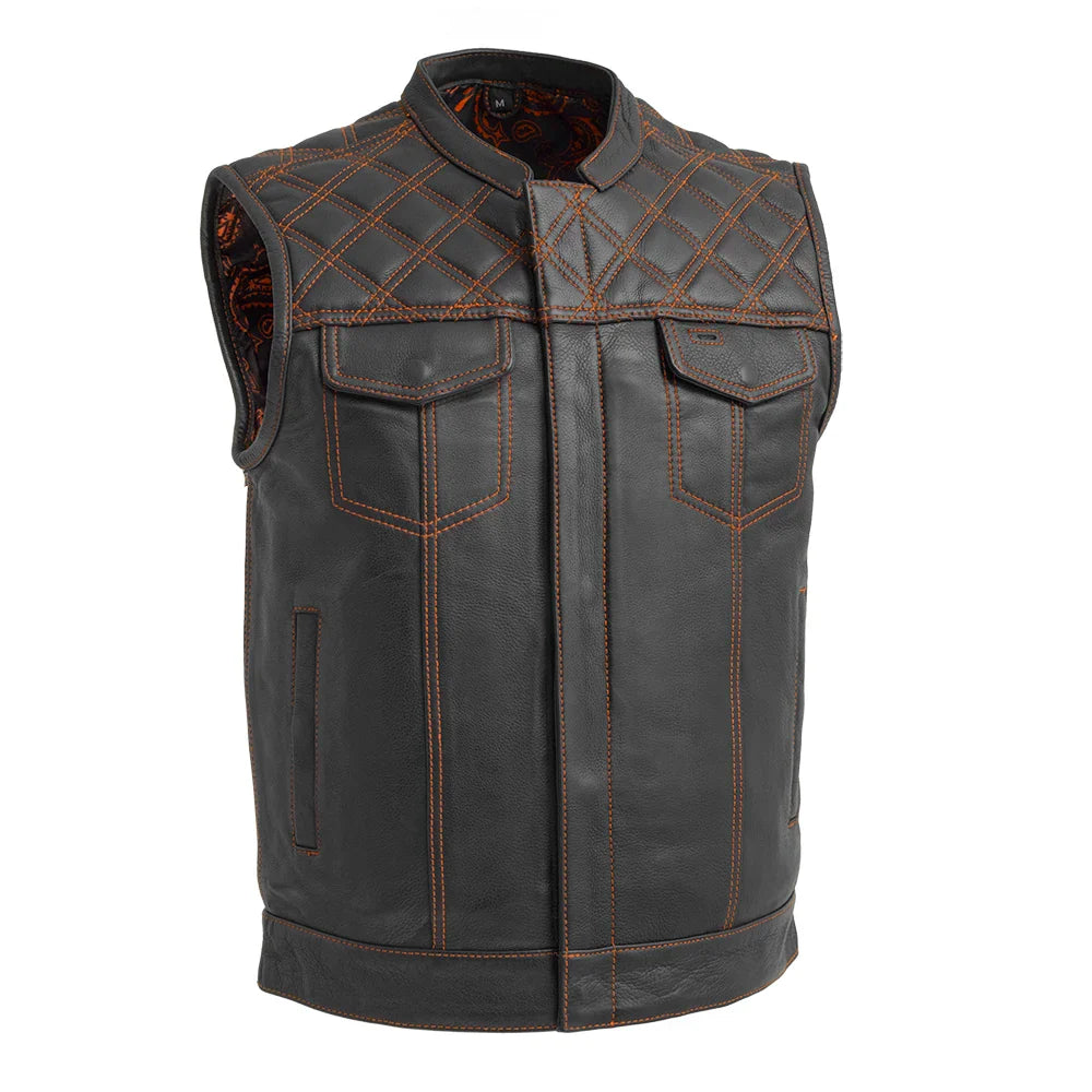 Downside Men's Motorcycle Leather Vest Orange and Green