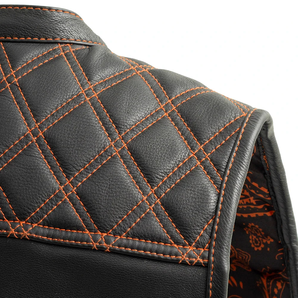 Downside Men's Motorcycle Leather Vest Orange and Green