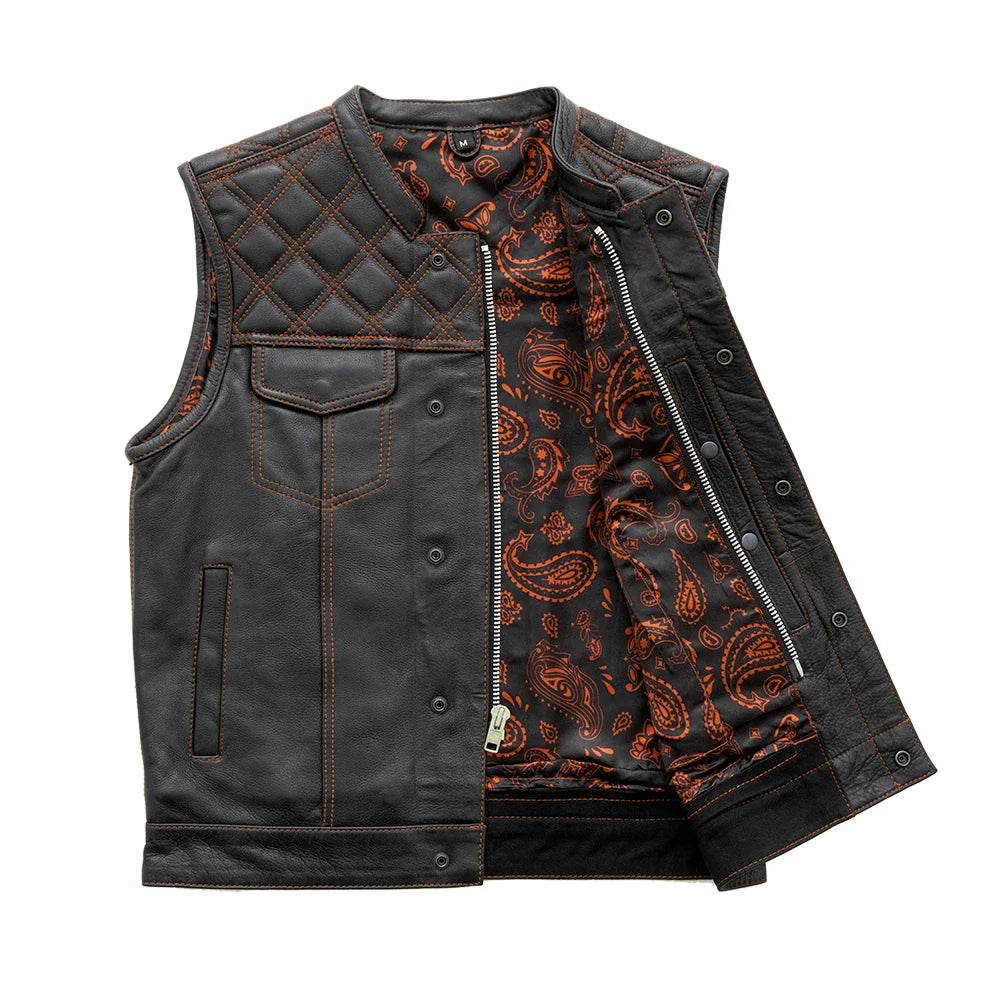 Downside Men's Motorcycle Leather Vest Orange and Green