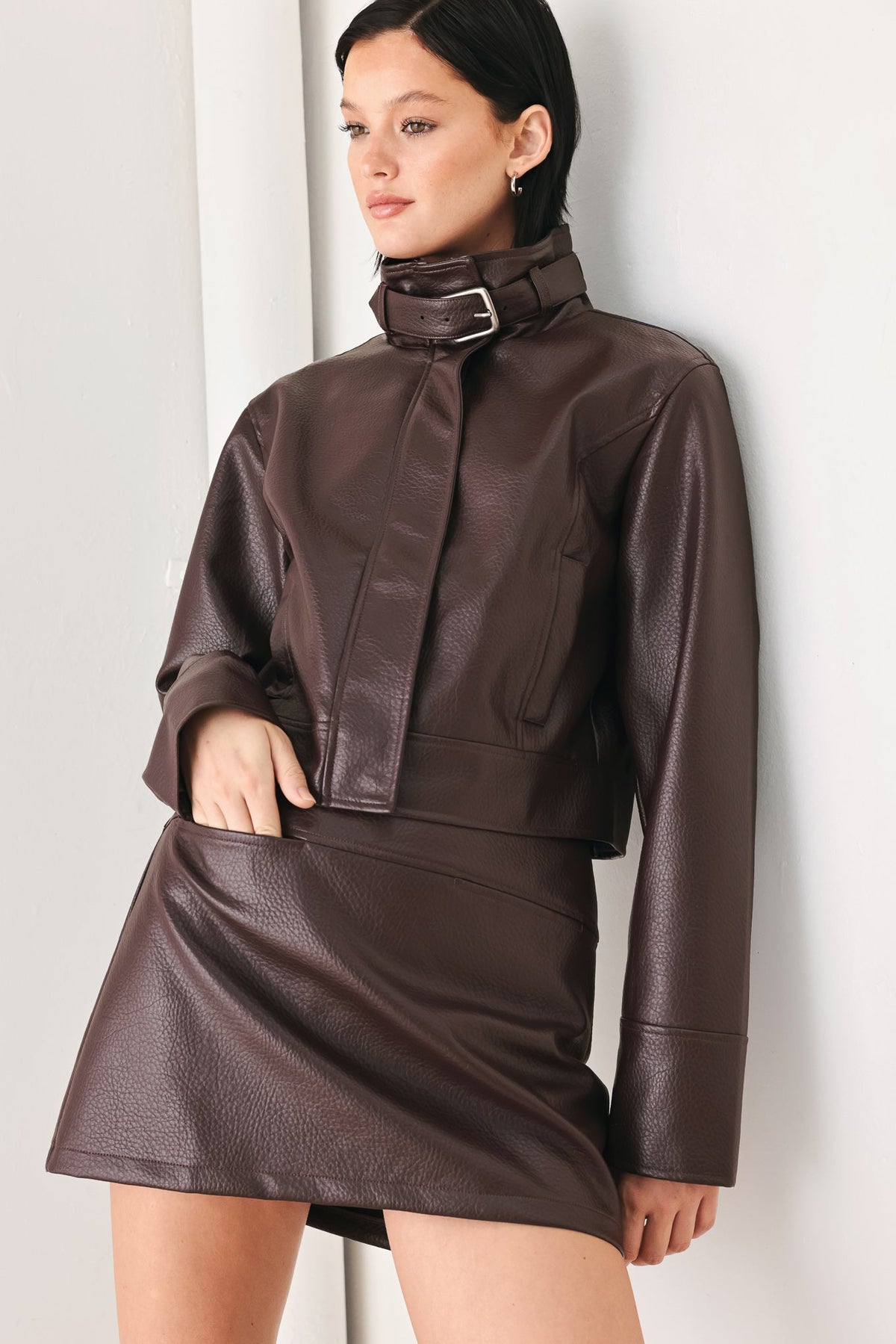 REBEL ROMANCE BUCKLED FAUX LEATHER CROPPED JACKET