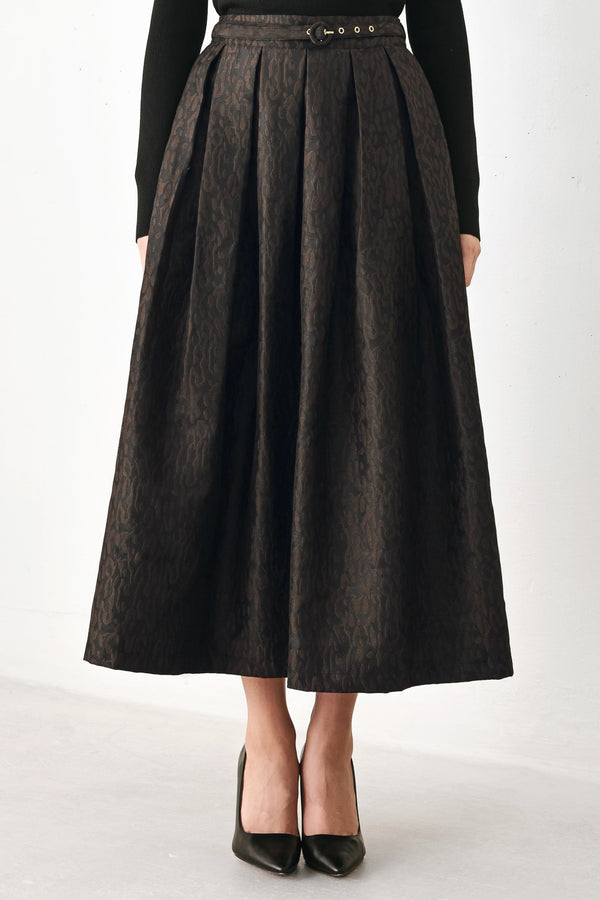 AUTUMN ELEGANCE BROWN TEXTURED BELTED MIDI SKIRT