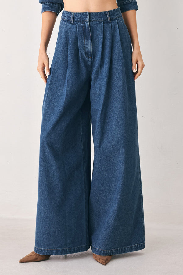 BLUE ECHO PLEATED DENIM WIDE LEG PANTS